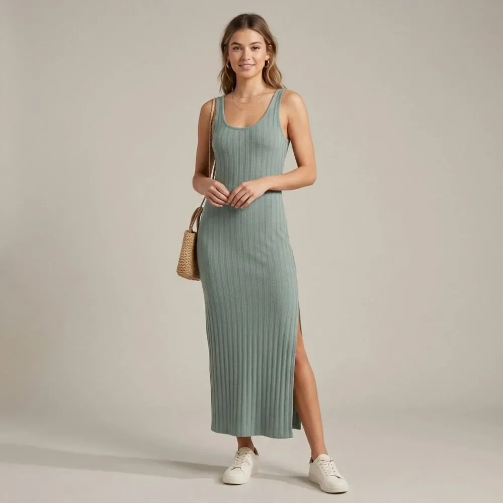 NWT Abercrombie & Fitch Maxi Dress Bodycon Ribbed Knit Tank Green Women sz Small